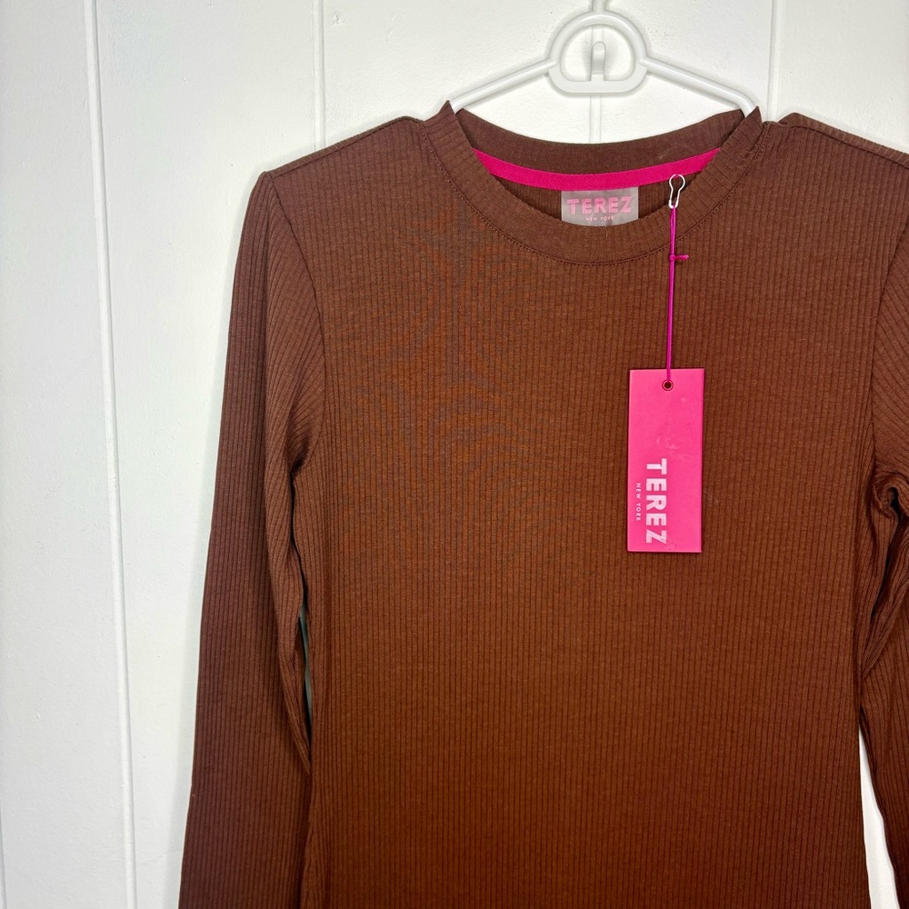 NWT $179 Terez Scoop Neck Long Sleeve Rib Dress in Cafe Brown Midi Size Small - Picture 4 of 10